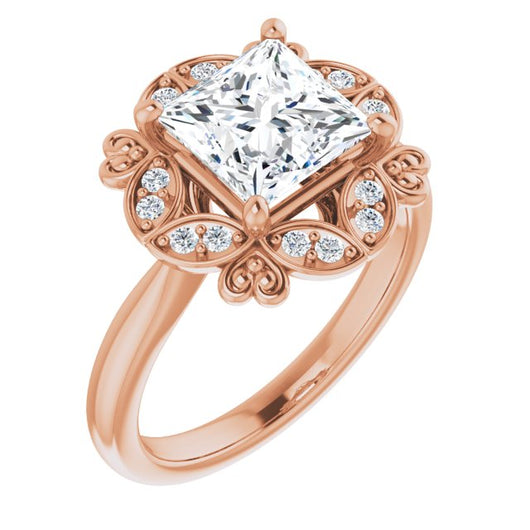 10K Rose Gold Customizable Princess/Square Cut Design with Floral Segmented Halo & Sculptural Basket