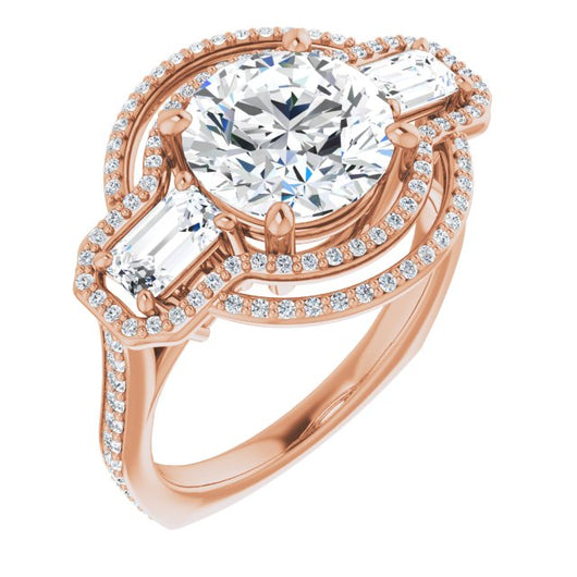 10K Rose Gold Customizable Enhanced 3-stone Style with Round Cut Center, Emerald Cut Accents, Double Halo and Thin Shared Prong Band