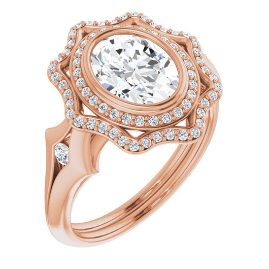 10K Rose Gold Customizable Cathedral-bezel Oval Cut Design with Floral Double Halo and Channel-Accented Split Band