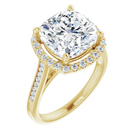 10K Yellow Gold Customizable Cushion Cut Design with Halo, Round Channel Band and Floating Peekaboo Accents