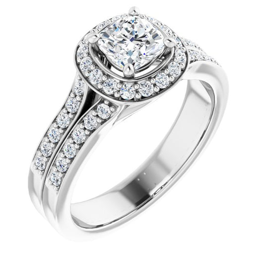 10K White Gold Customizable Cushion Cut Halo Style with Accented Split-Band