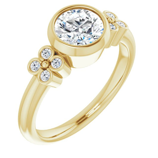 10K Yellow Gold Customizable 9-stone Bezel-set Round Cut Design with Quad Round Bezel Side Stones Each Side