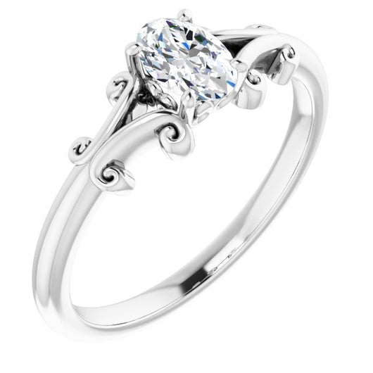 10K White Gold Customizable Oval Cut Solitaire with Band Flourish and Decorative Trellis