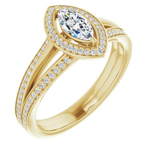 10K Yellow Gold Customizable Marquise Cut Design with Split-Band Shared Prong & Halo