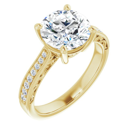 10K Yellow Gold Customizable Round Cut Design with Round Band Accents and Three-sided Filigree Engraving