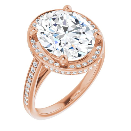 10K Rose Gold Customizable Cathedral-Halo Oval Cut Design with Under-halo & Shared Prong Band