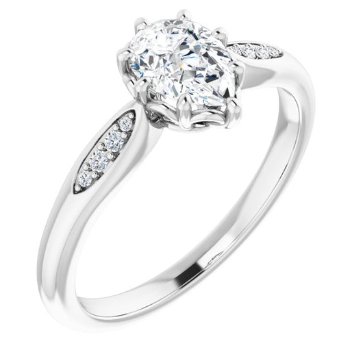 10K White Gold Customizable 9-stone Pear Cut Design with 8-prong Decorative Basket & Round Cut Side Stones