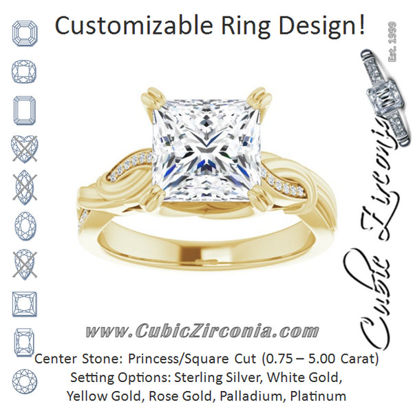 Cubic Zirconia Engagement Ring- The Fabiola (Customizable Cathedral-raised Princess/Square Cut Design featuring Rope-Braided Half-Pavé Band)