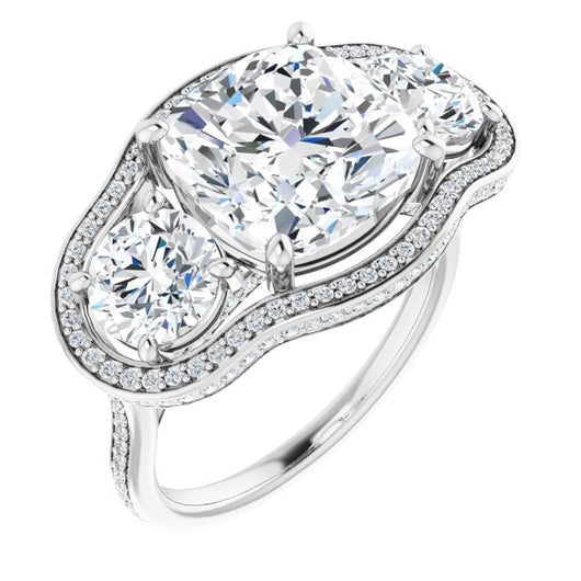 10K White Gold Customizable 3-stone Cushion Cut Design with Multi-Halo Enhancement and 150+-stone Pavé Band