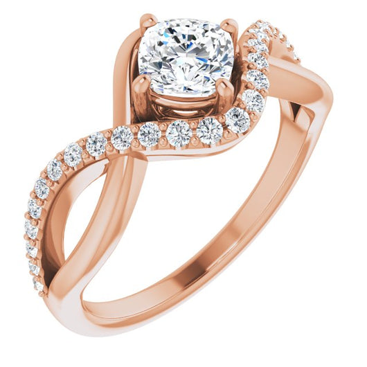 10K Rose Gold Customizable Cushion Cut Design with Semi-Accented Twisting Infinity Bypass Split Band and Half-Halo