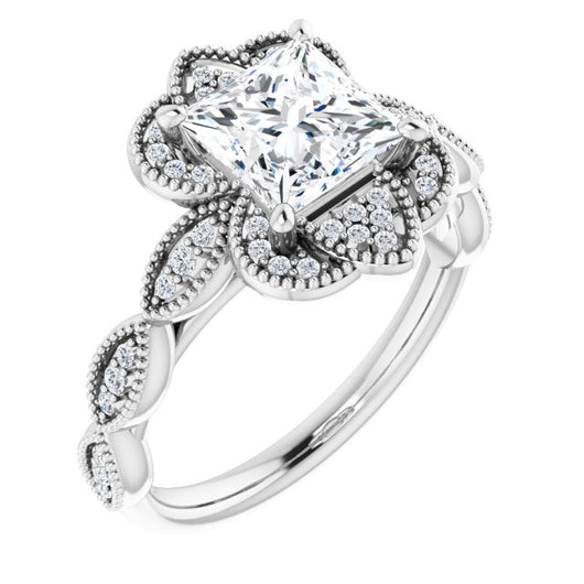 10K White Gold Customizable Cathedral-style Princess/Square Cut Design with Floral Segmented Halo & Milgrain+Accents Band