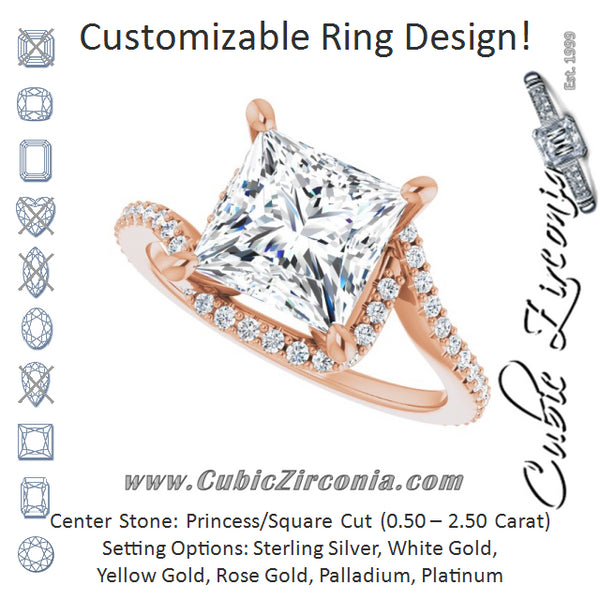 Cubic Zirconia Engagement Ring- The Essence (Customizable Artisan Princess/Square Cut Design with Thin, Accented Bypass Band)