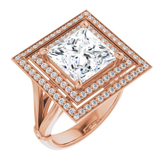 10K Rose Gold Customizable Cathedral-set Princess/Square Cut Design with Double Halo, Wide Split Band and Side Knuckle Accents