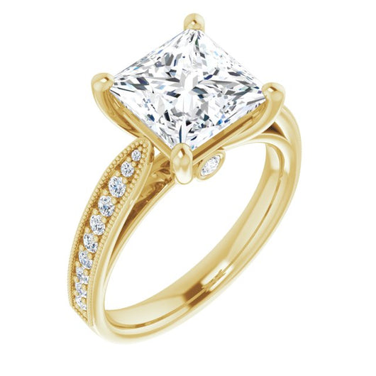 10K Yellow Gold Customizable Princess/Square Cut Style featuring Milgrained Shared Prong Band & Dual Peekaboos