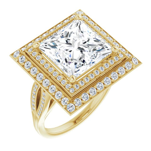 10K Yellow Gold Customizable Cathedral-style Princess/Square Cut Design with Double Halo & Split-Pavé Band