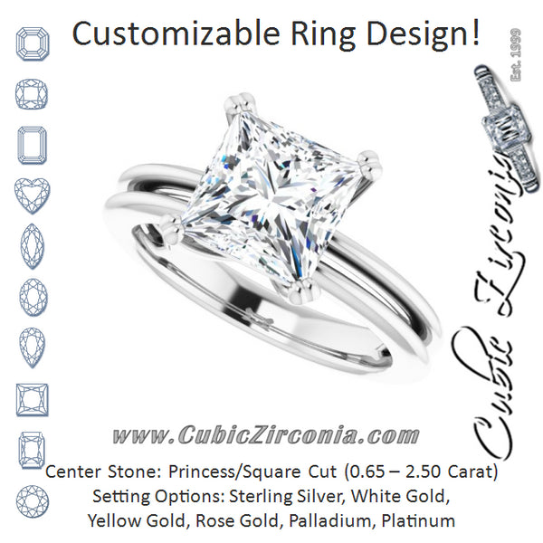 Cubic Zirconia Engagement Ring- The Evie (Customizable Princess/Square Cut Solitaire with Grooved Band)