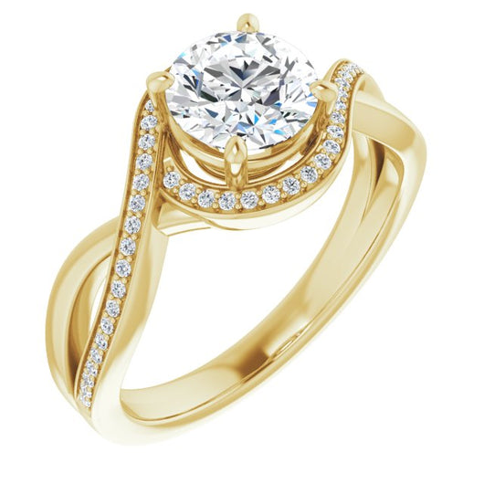 10K Yellow Gold Customizable Bypass-Halo-Accented Round Cut Center with Twisting Split Shared Prong Band