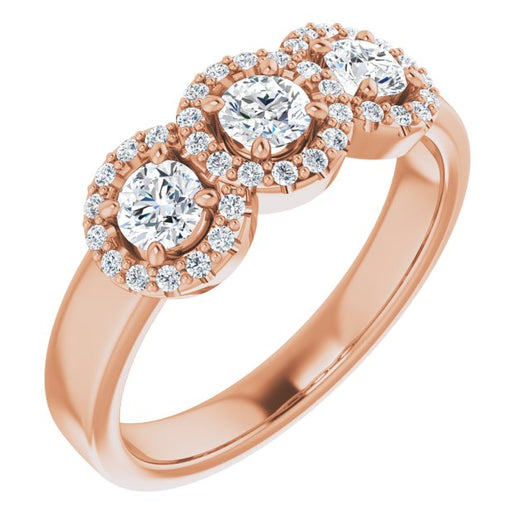 10K Rose Gold Customizable Round Cut Triple Halo 3-stone Design