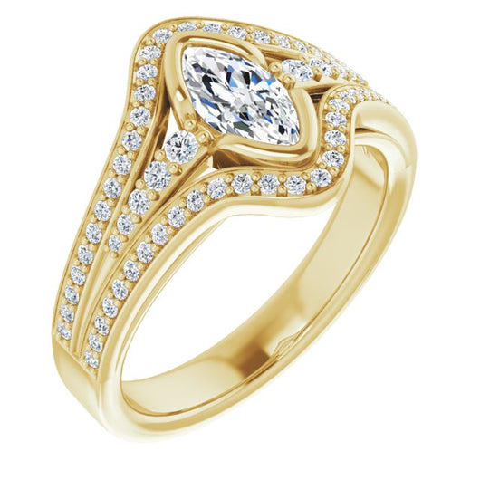 10K Yellow Gold Customizable Cathedral-Bezel Marquise Cut Design with Wide Triple-Split-Pavé Band