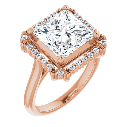 10K Rose Gold Customizable Princess/Square Cut Design with Majestic Crown Halo and Raised Illusion Setting