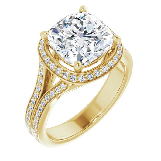 10K Yellow Gold Customizable Cathedral-raised Cushion Cut Setting with Halo and Shared Prong Band