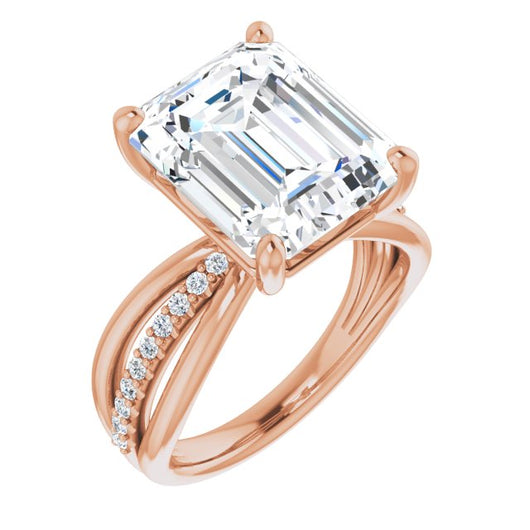 10K Rose Gold Customizable Emerald/Radiant Cut Design with Tri-Split Accented Band