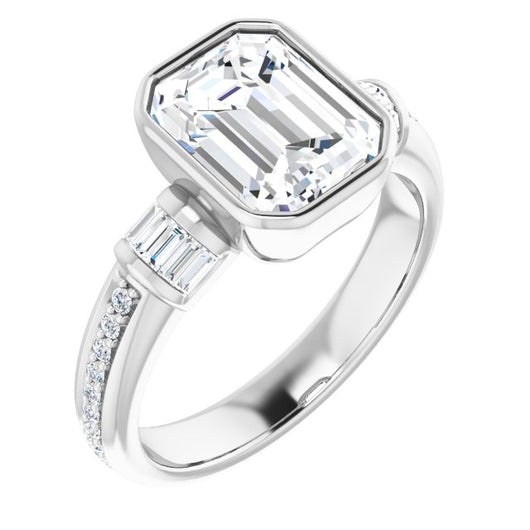 10K White Gold Customizable Cathedral-Bezel Emerald/Radiant Cut Style with Horizontal Baguettes & Shared Prong Band