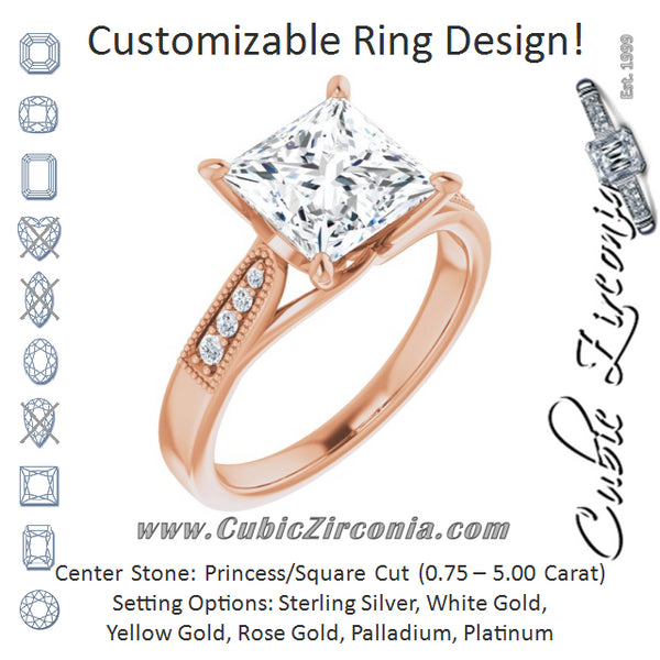 Cubic Zirconia Engagement Ring- The Ivana (Customizable 9-stone Vintage Design with Princess/Square Cut Center and Round Band Accents)