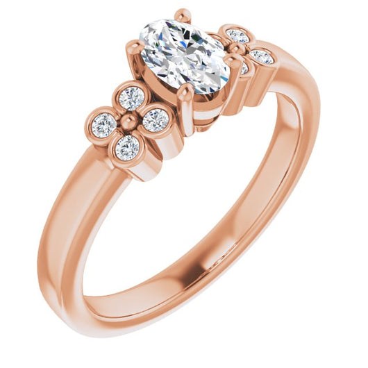 10K Rose Gold Customizable 9-stone Design with Oval Cut Center and Complementary Quad Bezel-Accent Sets