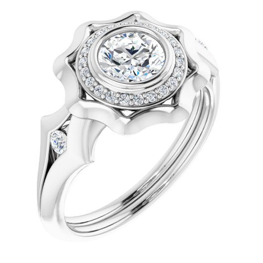 10K White Gold Customizable Bezel-set Round Cut with Halo & Oversized Floral Design