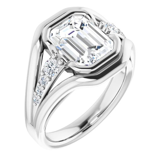 10K White Gold Customizable 9-stone Emerald/Radiant Cut Design with Bezel Center, Wide Band and Round Prong Side Stones