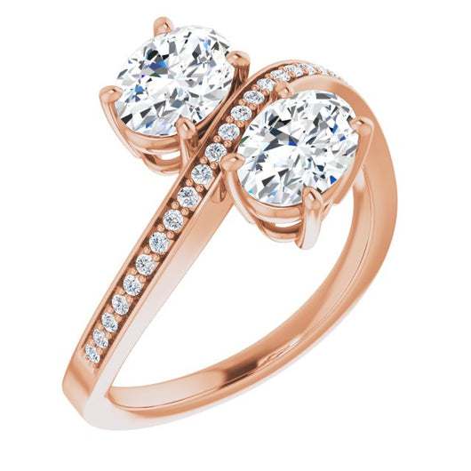 10K Rose Gold Customizable 2-stone Oval Cut Bypass Design with Thin Twisting Shared Prong Band