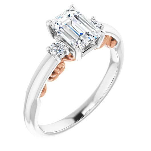 14K White & Rose Gold Customizable Emerald/Radiant Cut 3-stone Style featuring Heart-Motif Band Enhancement