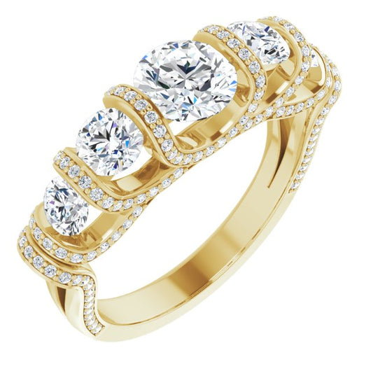 10K Yellow Gold Customizable Bar-set Round Cut 5-stone Design Plus Grandiose Pavé Accents