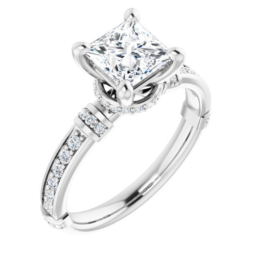 10K White Gold Customizable Princess/Square Cut Style featuring Under-Halo, Shared Prong and Quad Horizontal Band Accents