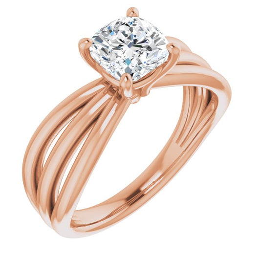 10K Rose Gold Customizable Cushion Cut Solitaire Design with Wide, Ribboned Split-band