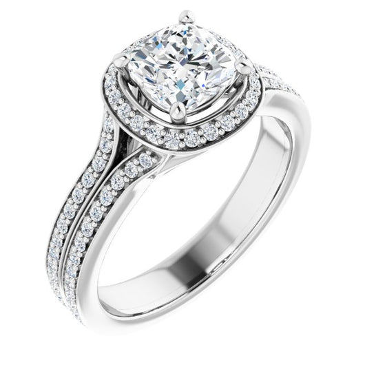 10K White Gold Customizable Cathedral-raised Cushion Cut Setting with Halo and Shared Prong Band