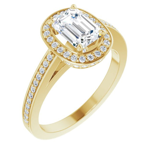 10K Yellow Gold Customizable Cathedral-set Emerald/Radiant Cut Design with Halo, Thin Pavé Band & Round-Bezel Peekaboos