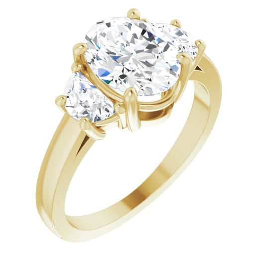 10K Yellow Gold Customizable 3-stone Design with Oval Cut Center and Half-moon Side Stones