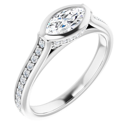 10K White Gold Customizable Cathedral-Bezel Marquise Cut Design with Under Halo and Shared Prong Band