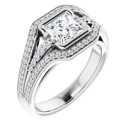 10K White Gold Customizable Cathedral-Bezel Princess/Square Cut Design with Wide Triple-Split-Pavé Band