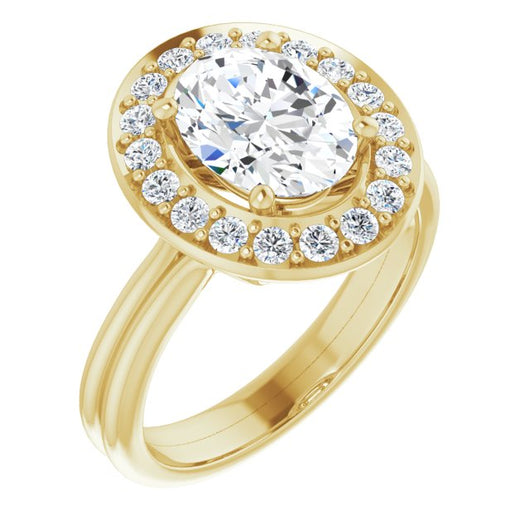 10K Yellow Gold Customizable Cluster-Halo Accented Oval Cut Style with Tapered Dual Band