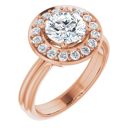 10K Rose Gold Customizable Cluster-Halo Accented Round Cut Style with Tapered Dual Band