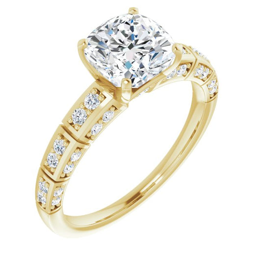 14K Yellow Gold Customizable Cushion Cut Style with Three-sided, Segmented Shared Prong Band