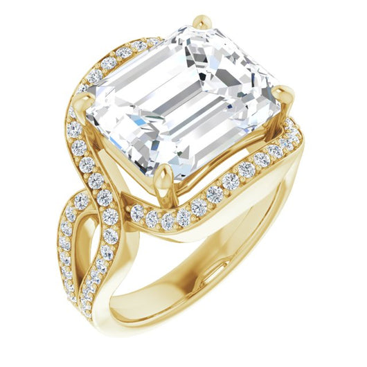 10K Yellow Gold Customizable Emerald/Radiant Cut Center with Infinity-inspired Split Shared Prong Band and Bypass Halo