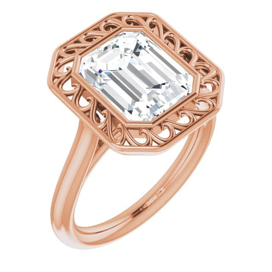 10K Rose Gold Customizable Cathedral-Bezel Style Emerald/Radiant Cut Solitaire with Flowery Filigree