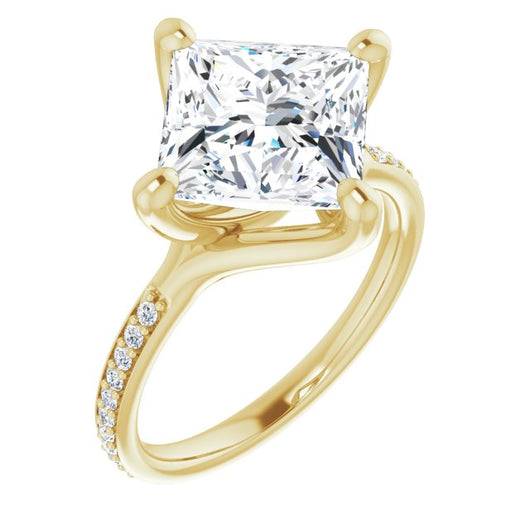 10K Yellow Gold Customizable Princess/Square Cut Design featuring Thin Band and Shared-Prong Round Accents