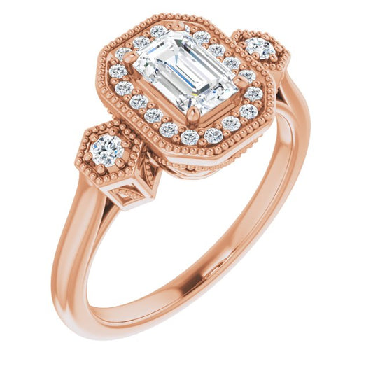 10K Rose Gold Customizable Cathedral Emerald/Radiant Cut Design with Halo and Delicate Milgrain