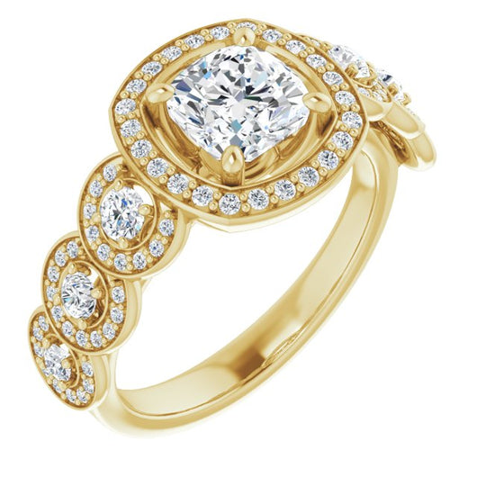 10K Yellow Gold Customizable Cathedral-set Cushion Cut 7-stone style Enhanced with 7 Halos