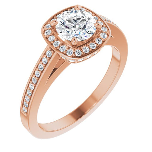 10K Rose Gold Customizable Cathedral-set Round Cut Design with Halo, Thin Pavé Band & Round-Bezel Peekaboos